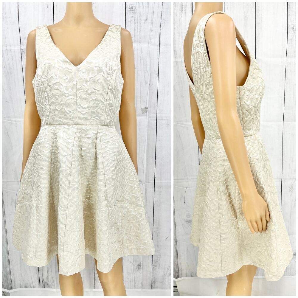 Erin Fetherston 6 Cream Floral Jacquard Fit & Flare Mini Dress Sleeveless V-Neck